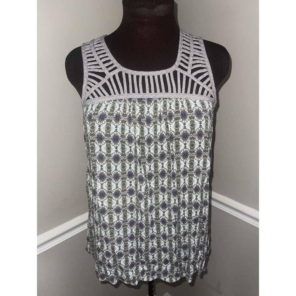 Mystree Medallion Print Lattice Cage-Neck Tank Top Womens L Boho Indie